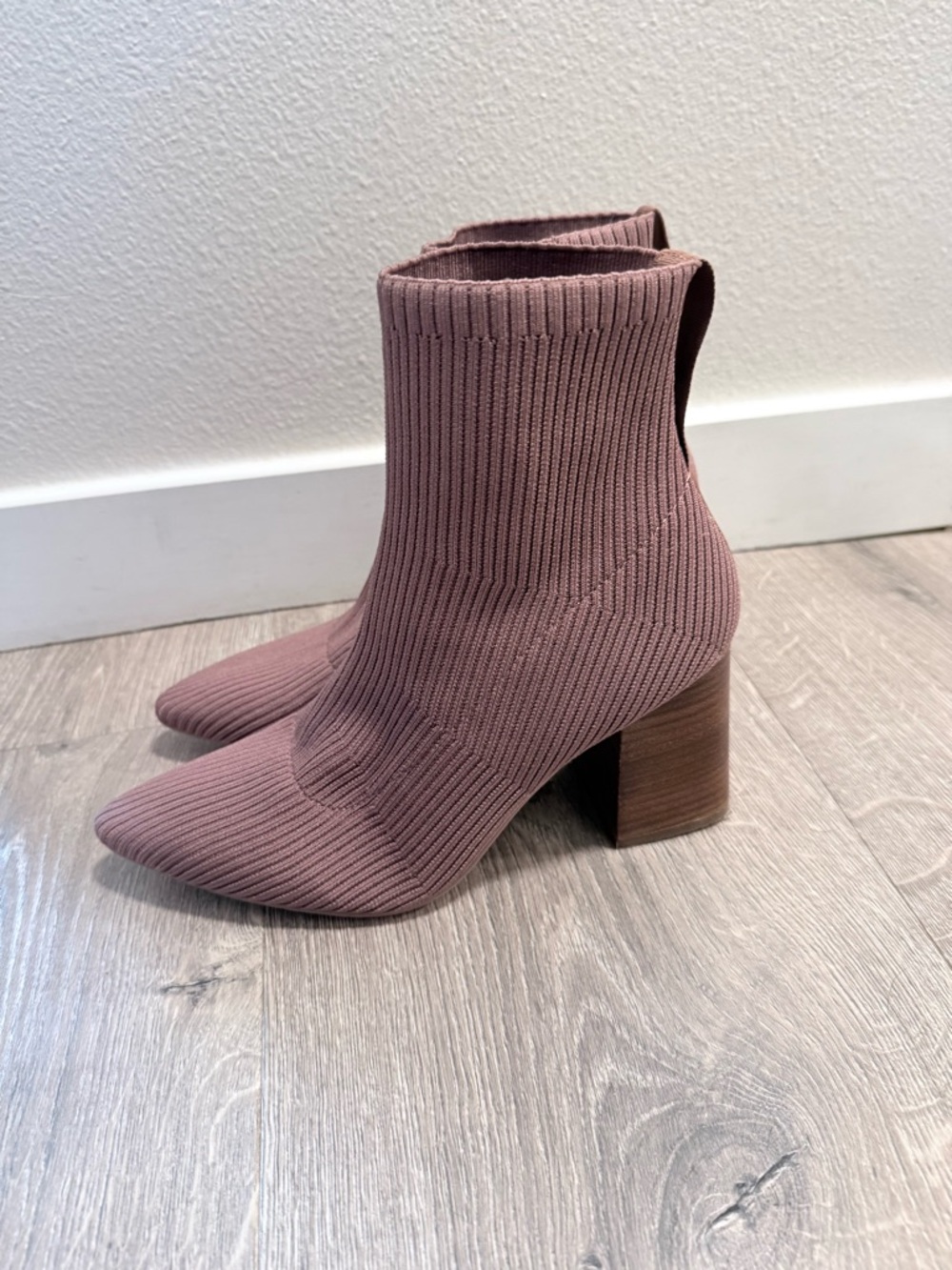 Knit Pointed-Toe Block Heel Ankle Boots in Brown